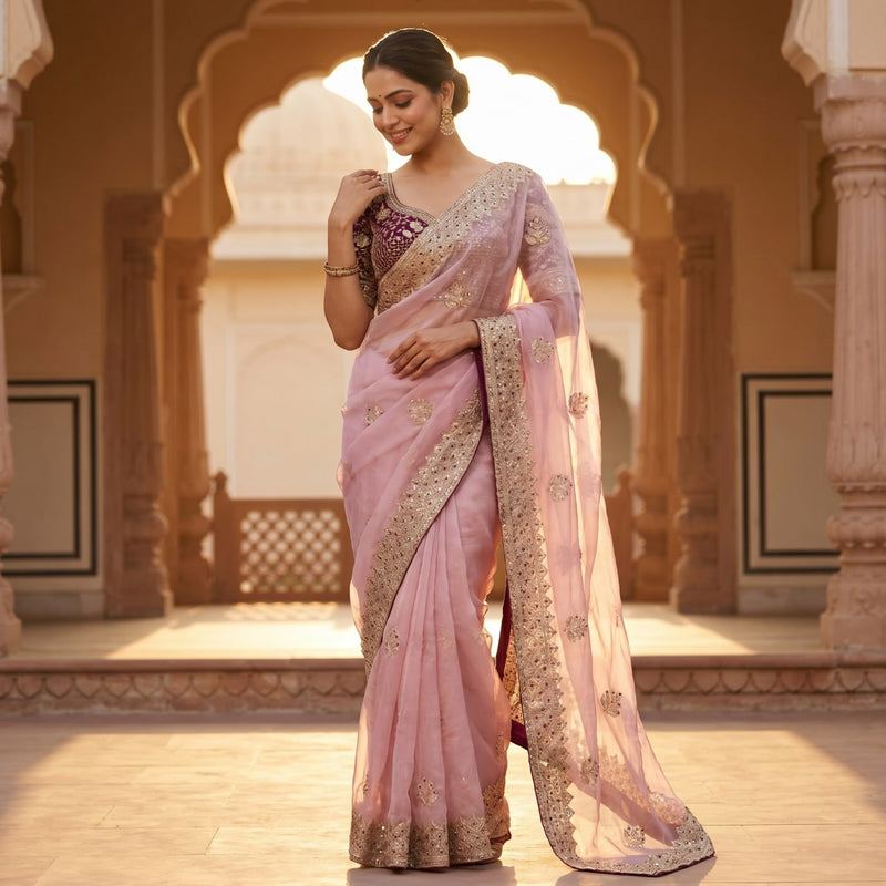 Chandrika Designer Satin Saree with Heavy Embroidery & Stitched Blouse (6 Colors)