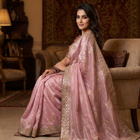 Chandrika Designer Satin Saree with Heavy Embroidery & Stitched Blouse (6 Colors)